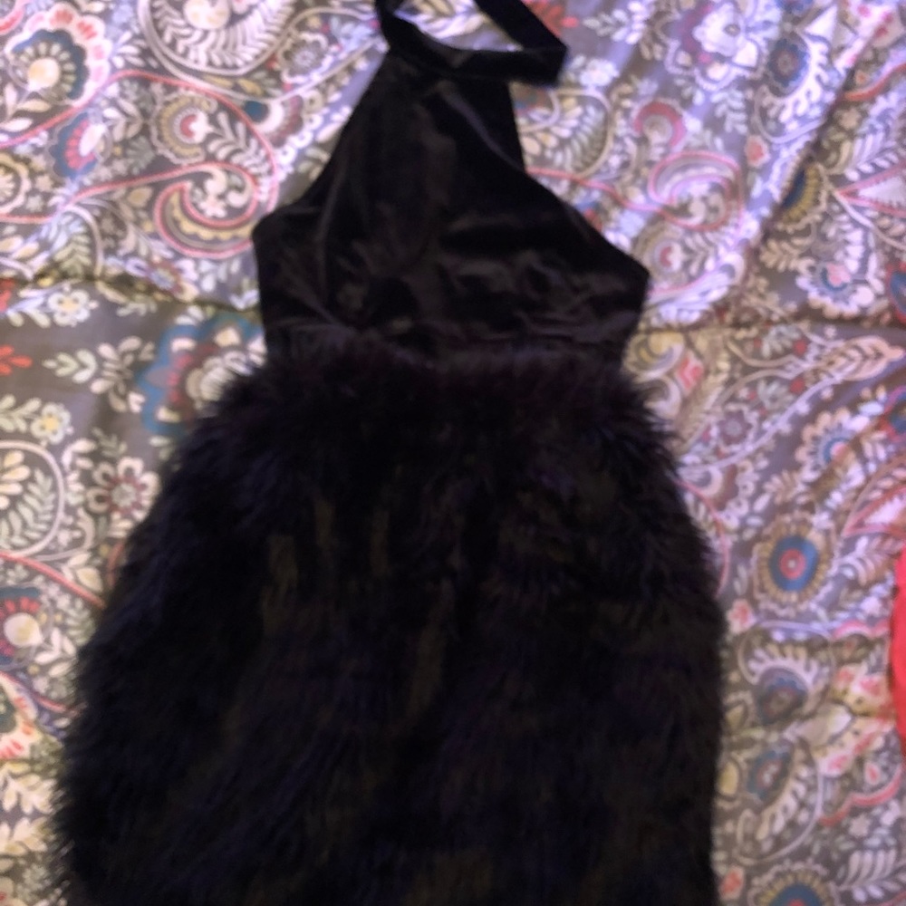 Black Velvet Halter Fur Dress
